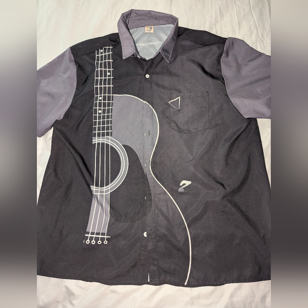 Hardaddy Men's XXL Black‎ And Gray Guitar Print Short Sleeve Button Up Shirt